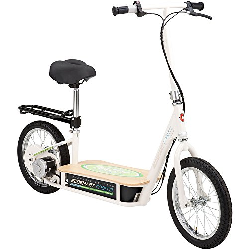 Razor EcoSmart Metro Electric Scooter for Adults - 500W High Torque Motor, Up to 18MPH, 16' Air Filled Tires, Rear Wheel Drive, Height Adjustable Seat and Detachable Luggage Basket, Bamboo Deck