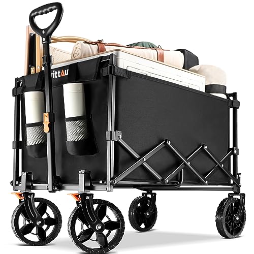 Uyittour Collapsible Wagon Cart Heavy Duty Foldable, Portable Folding Wagon with Ultra-Compact Design, Utility Grocery Wagon for Camping Sports Shopping, Black