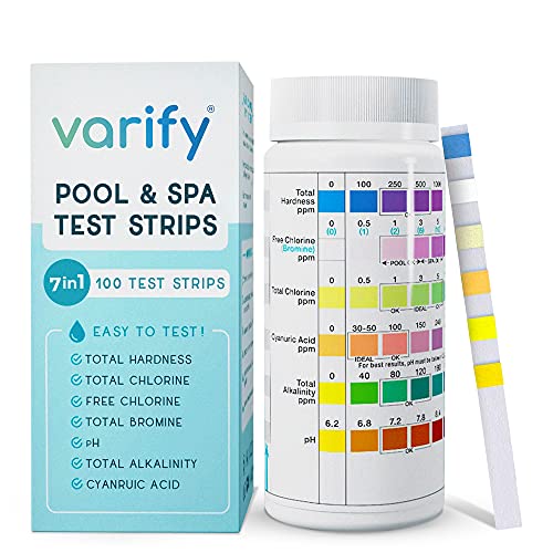 Premium Pool and Spa Test Strips - 100 ct - 7 Way Accurate Testing Strip for Pool + Hot Tub | Chlorine Bromine Alkalinity pH Hardness & Cyanuric Acid | Water Quality Testing Kit for Water Maintenance