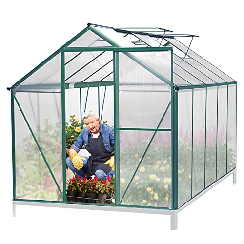 SELLERWE 6' x 10' Walk-in Polycarbonate Greenhouse with Sliding Door, 2 Vent Window, Rain Gutter, Base and Anchor, Aluminum Heavy Duty Hot House Kit for Outdoors in Winter or Any Season
