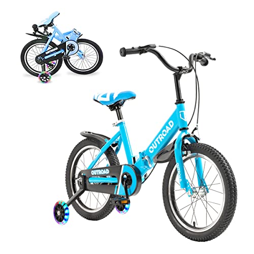 Max4out Folding Kids Bike for 3-7 Years Old Boys and Girls 14/16 Inch Foldable Kids' Toddler Bicycles with Flash Lighting Training Wheels and Dual Handbrakes (14 Blue)