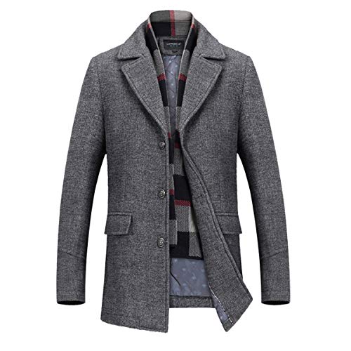INVACHI Men's Wool Blend Pea Coat Warm Winter Coat Business Dress Coats With Removable Scarf