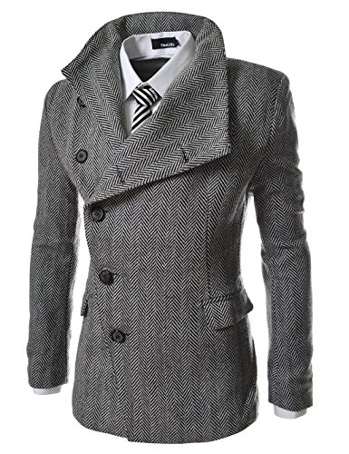 AJK THELEES Mens Unbalance Solid High Neck Wool Blend Slim Fit Button Front coat HERRINGBONE US L(Tag size 2XL)