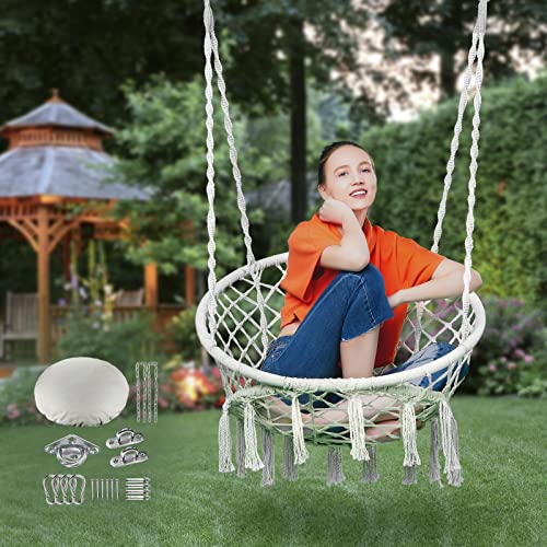 Greenstell Swing Hanging Chair, Hold Up to 330LBS/148KG Hammock Chair with Hanging Kits and Removable & Washable Cushion, Cotton Rope Macrame Swing Chair for Outdoor, Indoor, Grey