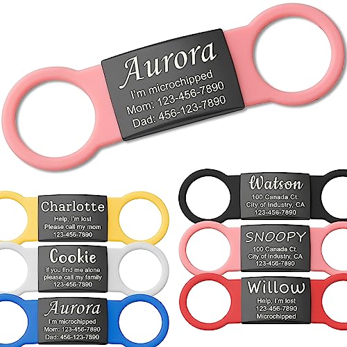Anavia Slide On Silent Pet ID Tags, S/M/L/XL Personalized Black Stainless Steel Colored Silicone Cat Dog Name Tag, Customized Engraved Nameplate, Quiet Chew-Proof Pet Collar Tag (Pink, Small)