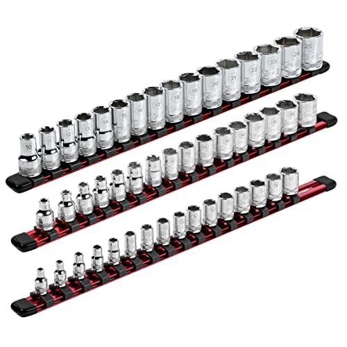 ARES 70204-3-Piece Aluminum Socket Organizer - 1/4-Inch, 3/8-Inch, and 1/2-Inch Drive Socket Rails Hold 48 Sockets and Keep Your Tool Box Organized