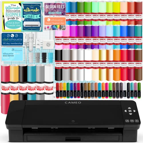 Silhouette Black Cameo 4 Starter Bundle with 38 Oracal Vinyl Sheets, T-Shirt Vinyl, Transfer Paper, Class, Guides and 24 Sketch Pens
