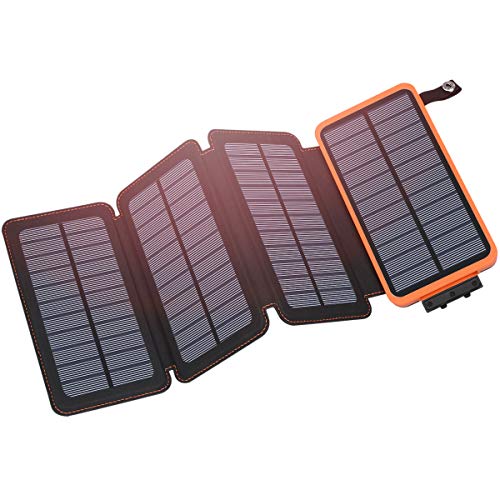 Solar Charger 25000mAh, Hiluckey Outdoor Portable Power Bank with 4 Solar Panels, Fast Charge External Battery Pack with Dual USB Outputs Compatible with Smartphones, Tablets, etc.