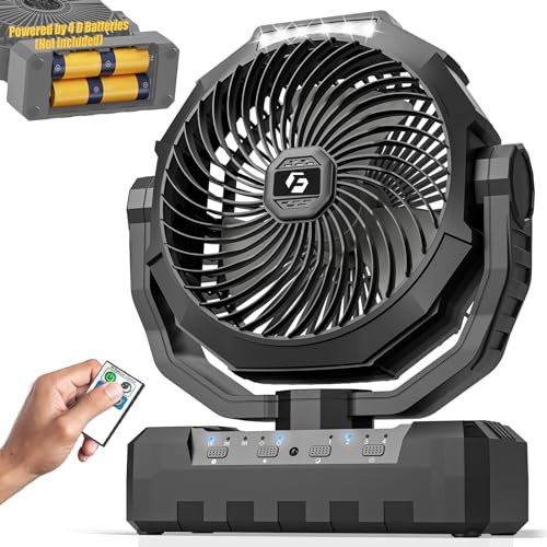FRIZCOL Battery Operated Fan [200H Max], 2 IN 1 D-Cell Battery & USB Powered Fan, Portable Camping Fan with 4 Speeds, Light, Timer, Remote for Outdoor Tent, Travel, Picnic, Office, Bedroom
