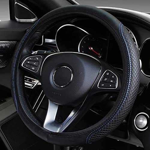 VARGTR Leather Car Steering Wheel Cover,Universal Fits15 Inch Steering Wheel,Breathable, Non-Slip,Elastic Steering Wheel Protector,Automotive Steering Wheel Covers (Black Blue)