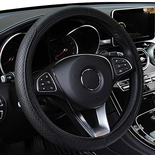 Leather Car Steering Wheel Cover, Classical Leather Automotive Steering Wheel Covers,Breathable, Non-Slip,Elastic, Universal 15 inch Steering Wheel Protector (Black)
