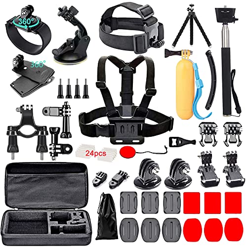 Black Pro Camera Accessories Kit Compatible with GoPro Hero 11 10 9 8 7, GoPro Max, GoPro Fusion, Insta360, DJI Osmo Action, AKASO, APEMAN, Campark, SJCAM