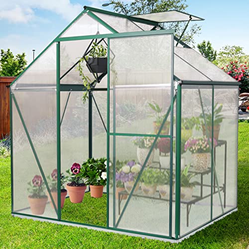 Upgraded 6.2' x 4.2' Hobby Polycarbonate Greenhouse Kits: w/Sliding Door, Vent Window, Raised Base and Anchor Aluminum Heavy Duty Walk-in Greenhouses for Outdoor Backyard in All Season