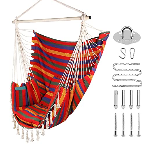 Flexzion Hammock Swing Chair - Hanging Rope Chair Portable Porch Seat with Two Cushions for Bedroom, Patio, Travel, Camping, Garden, Indoor, Outdoor Support Kids and Adults up to 265 Pounds (Red)