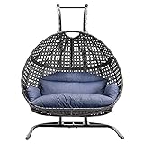 Double Egg Chair with Stand, 2 Person Heavy Duty Hanging Wicker Rattan Swing Chair Basket Hammock Nest Chair for Indoor Outdoor Patio Lounger Swinging Loveseat Perfect for Balcony Garden (Blue)
