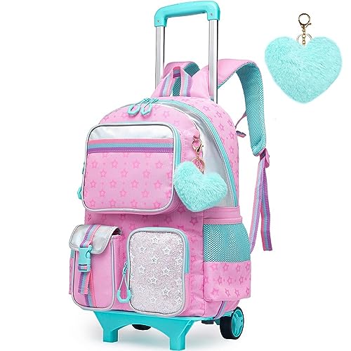 Meetbelify Backpack with Wheels for Girls Rolling Backpack Cute Kawaii Carry on Backpack for Elementary Student (Without Lunch Box Pencil Case Star Pink)