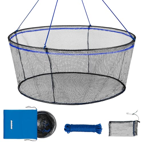 QualyQualy Foldable Fishing Net, Landing Fishing Pier Nets, Drop Net for Pulling Up Fish with Rope, Portable Bridge Fishing Net for Minnows, Crawfish, Shrimp, Diameter 31.5''