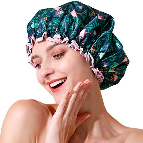 BEAUTAIL Shower Cap, Reusable Bath Shower Caps for Women Long Hair, Double Layer Waterproof Bathing Shower Hat Hair Protector for Kids Girls Men, Flamingo, 1 Pack
