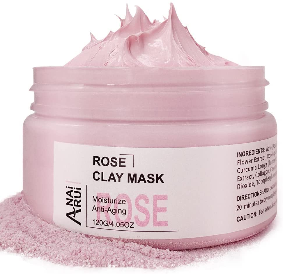 ANAI RUI Rose Clay Facial Mask, with Kaolin Pink Clay, Niacinamide, Collagen, Hyaluronic Acid Moisturizing. Pores Minimizers, Blackhead Remover, 4.23 Oz