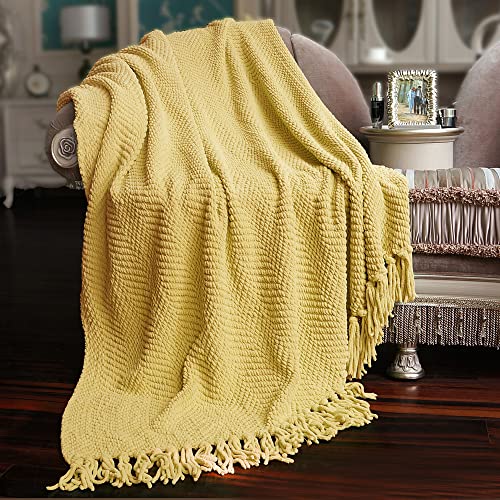 Home Soft Things Yellow Throw Blanket Knitted Tweed Throw 50'' x 60'', Jojoba Yellow, Super Soft Cozy Warm Comfortable Breathable Throw for Living Room Chair Couch Bed Sofa Bedroom Home Décor