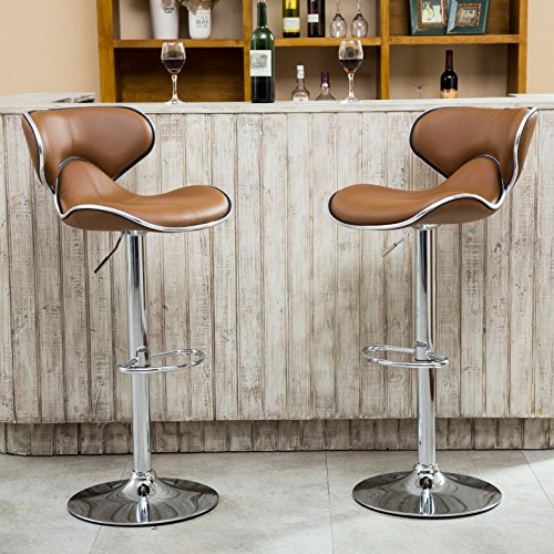 Roundhill Furniture Masaccio Cushioned Leatherette Upholstery Airlift Adjustable Swivel Barstool with Chrome Base, Set of 2, Caramel