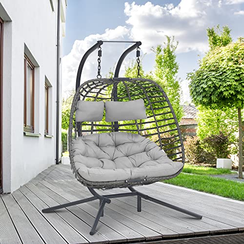 Brafab Double Swing Egg Chair with Stand, Large Hand-Woven Wicker Rattan Hanging Egg Chair for 2 People, Porch Swing Loveseat with Thick Cushion and Sturdy Steel Stand for Indoor Outdoor, Light Grey