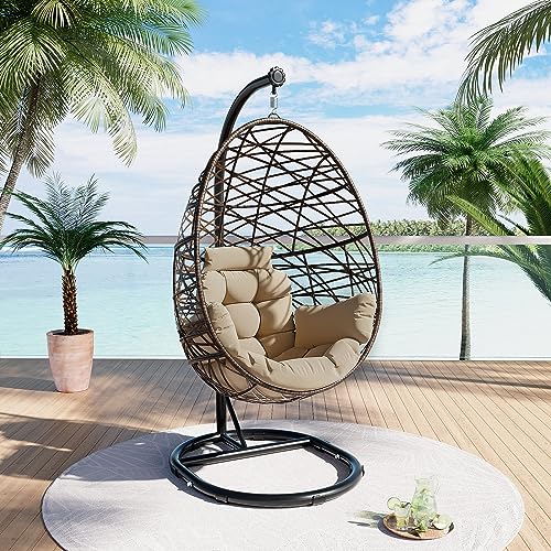 LUCKYBERRY Egg Chair Outdoor Indoor Wicker Tear Drop Hanging Chair with Stand Color Cushion Brown