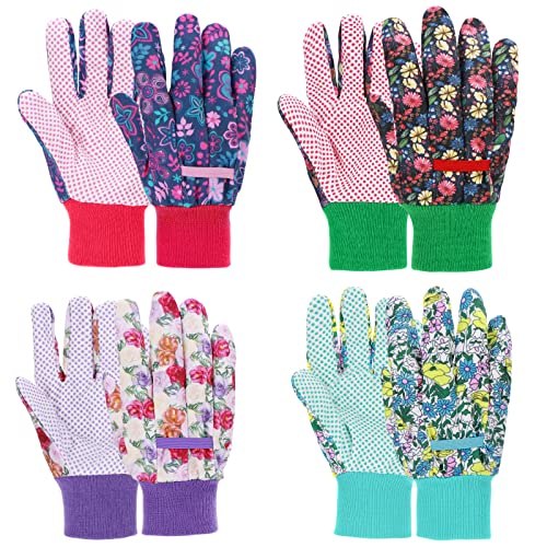JUMPHIGH 4 Pairs Garden Gloves for Women, Floral Gardening Gloves with Non-Slip PVC Dots, Ladies Soft Breathable Yard Work Gloves Light Working Gloves, Elastic Knit Wrist, Large