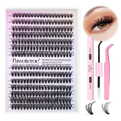 DIY Lash Extension Kit 280pcs Individual Lashes Cluster D Curl Eyelash Extension Kit 30D 40D 9-16mm Mix Lash Clusters with Lash Bond and Seal and Lash Applicator Tool for Self Application at Home (30D+40D-0.07D-9-16MIX KIT)