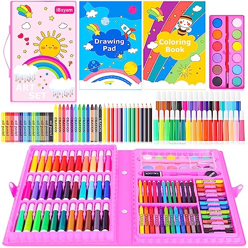 iBayam Art Supplies, 149-Pack Drawing Kit Painting Art Set Art Kits Gifts Box, Arts and Crafts for Kids Girls Boys, with Coloring Book, Crayons, Pastels, Pencils, Watercolor Pens (Pink)