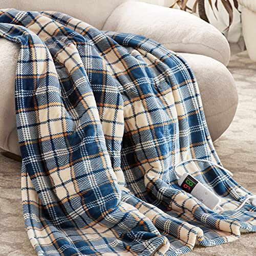 Octrot Heated Blanket Throw, Electric Throw Blanket, 50'x60', Ultra Soft Cozy Sherpa Heating Blanket with 10 Heating Levels 1-8 Hours Auto-Off Overheat Protection, Machine Washable (Blue Plaid)