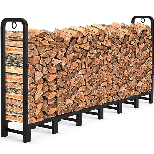 AMAGABELI GARDEN & HOME 8ft Outdoor Firewood Rack, Fireplace Heavy Duty Firewood Pile Storage Racks For Patio Deck Metal Log Holder Stand Tubular Steel Wood Stacker Outside Tools Accessories Black