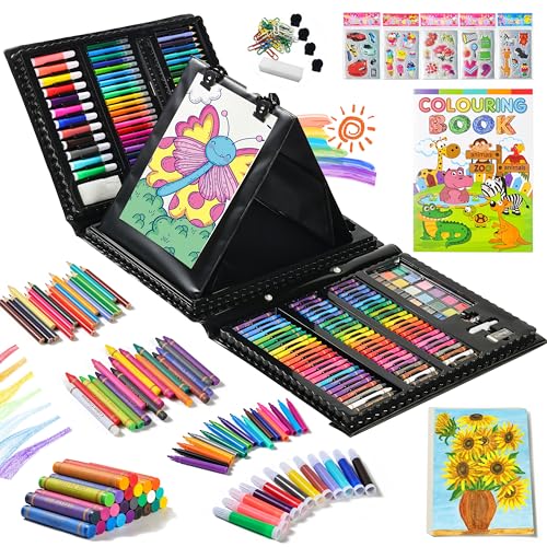 XKDOUS Art Supplies, 253 Pcs Art Set, Art Kit Crafts Drawing Kit with Watercolor Pencils, Crayons, Oil Paint Sticks, Double Sided Tri-Fold Easel for Kids Girls Boys Teens Beginners