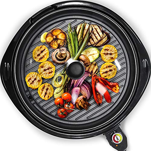 Elite Gourmet EMG-980B Smokeless Electric Tabletop Grill Nonstick, 6-Serving, Dishwasher Safe Removable Grilling Plate, Grill Indoor, Tempered Glass Lid, Adjustable Temperature, 14' Black