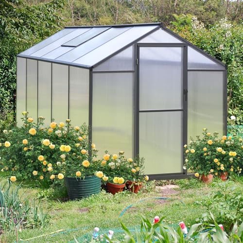 MUPATER 6x10 ft Outdoor Polycarbonate Greenhouse Kit with Aluminum Frame, Walk-in Garden Green House with Sliding Lockable Door & Adjustable Roof Vent, Backyard, Patio, Lawn, Gray