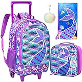 3PCS Kids Rolling Backpack, Wheeled Girls Mermaid Sequin Bookbag - Elementary Suitcase School Bag
