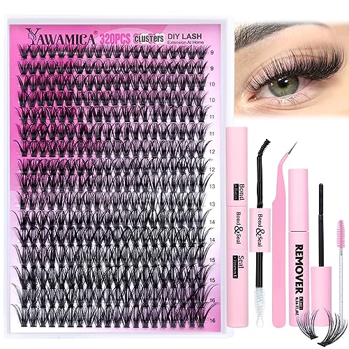 Eyelash Extension Kit 320pcs Lash Clusters D Curl 9-16mm Mix 40D Individual Lashes with Lash Bond and Seal and Remover Lash Applicator for Lash Extension Beginners