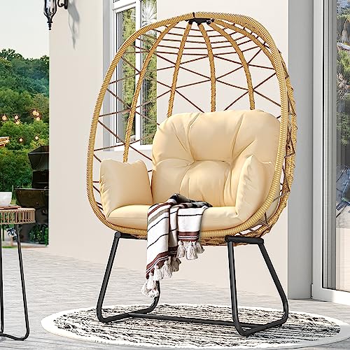 YITAHOME Egg Chair with Stand Outdoor Indoor Egg Lounge Chair with Cushion Wicker Chair PE Rattan Chair Included for Patio, Garden, Backyard, Porch, Beige