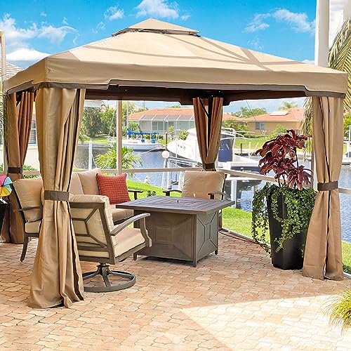 SUNCROWN 10 x 10 FT Outdoor Gazebo for Patio Iron Frame Garden Permanent Gazebo with Vented Soft Canopy and Mosquito Netting, Khaki