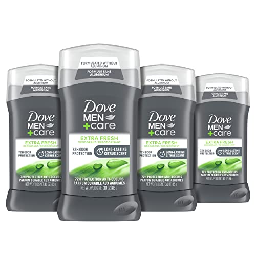 DOVE MEN + CARE Deodorant Stick for Men Extra Fresh 4 Count Aluminum Free 72-Hour Odor Protection Mens Deodorant with 1/4 Moisturizing Cream 3 oz