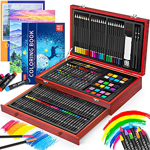 Art Supplies, iBayam 150-Pack Deluxe Wooden Art Set Crafts Drawing Painting Kit with 1 Coloring Book, 2 Sketch Pads, Creative Gift Box for Adults Artist Beginners Kids Girls Boys