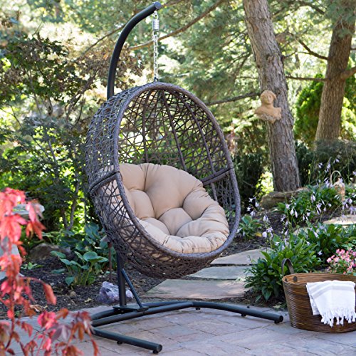 Island Bay Lanpuly Resin Wicker Espresso Hanging Egg Chair with Tufted Khaki Cushion and Stand