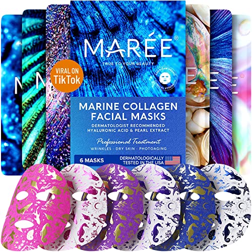 MAREE Facial Masks for Skin Care & Beauty - Sheet Masks for Face with Natural Pearl Extract, Marine Collagen & Hyaluronic Acid - Anti Aging Collagen Facial Masks for Wrinkles & Dry Skin, 6 Pack
