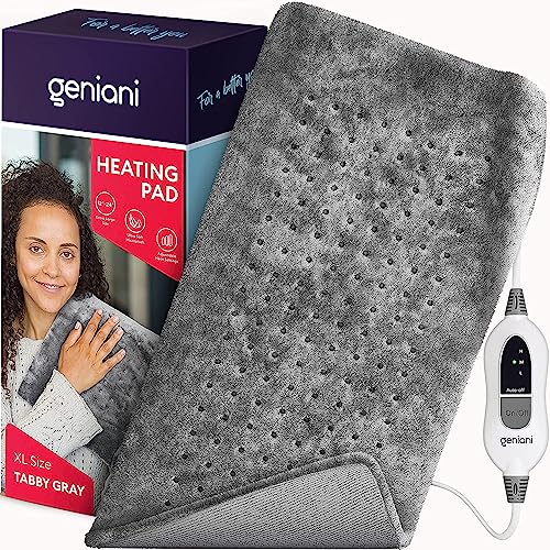 GENIANI XL Heating Pad for Back Pain & Cramps Relief, FSA HSA Eligible, Auto Shut Off, Machine Washable, Moist Heat Pad for Neck and Shoulder, Electric Heat Patch for Knee, Leg, Tabby Gray 12'‘×24’’