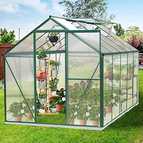 Upgraded 6.2' x 10.2' Hobby Polycarbonate Greenhouse Kits: w/Sliding Door, 2 Vent Window, Raised Base and Anchor Aluminum Heavy Duty Walk-in Greenhouses for Outdoor Backyard in All Season