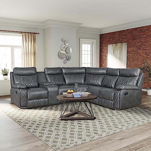 Yehha PU Leather Manual Reclining Sofa, L-Shaped Home Theater Seating with Flipped Cup Holder & Hide-Away Storage, Classic Sectional Sofá & Couch for Living Room Furniture Sets, Gray