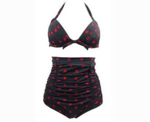 2. Cocoship Retro Red Leopard Polka Floral Print High Waist Bikini Swimsuits